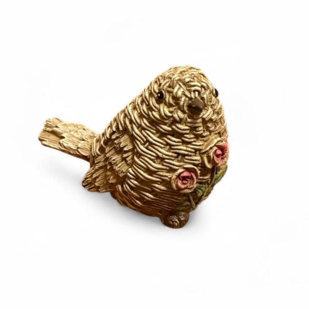 Whimsical Cream and Brown Stone Carved Wicker Bird figurine Cottagecore Trinket